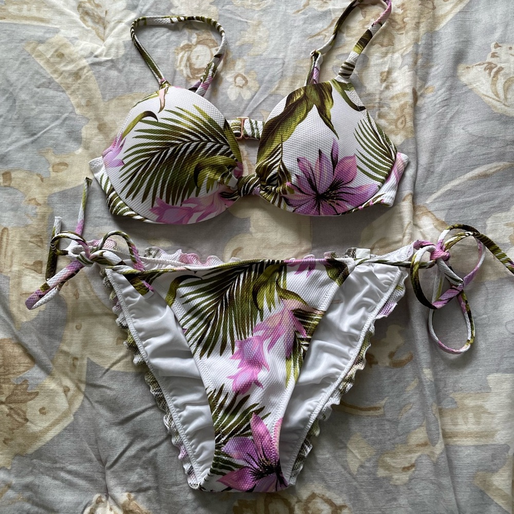 Floral Bikini Set with Purple and Green Accents